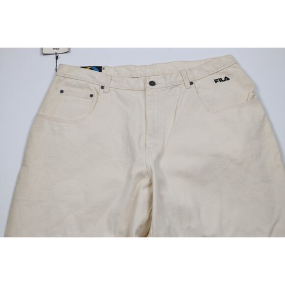 Deadstock Vintage 90s Fila Mens 38x34 Spell Out Baggy Skateboard Jeans Cream - Picture 2 of 16